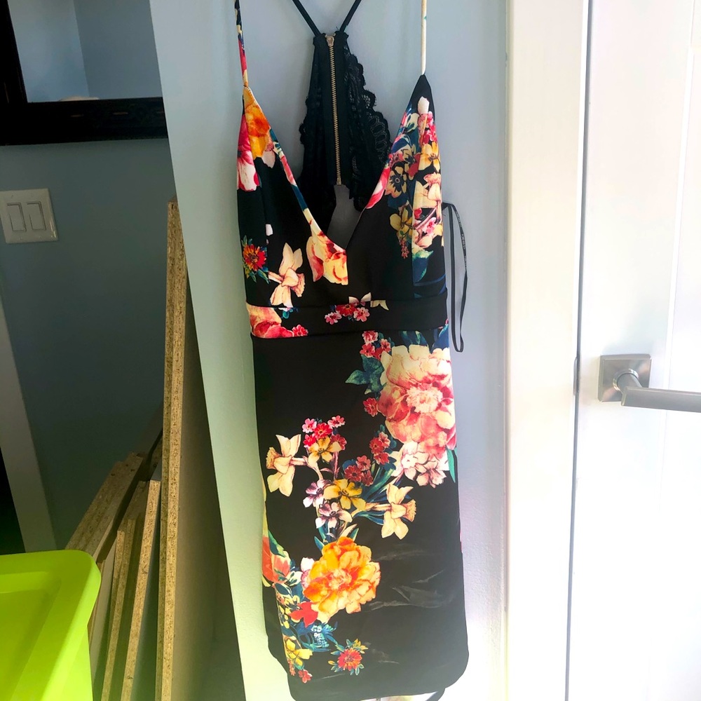 Open back floral plus size scuba knit dress
